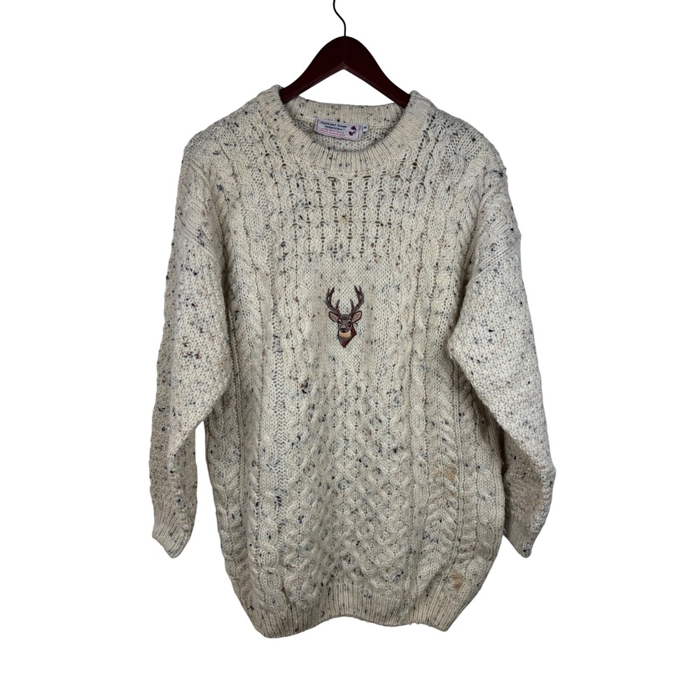 Vintage Highland Home Industries Sweater M Grandma Wool Cable Knit Deer Scotland